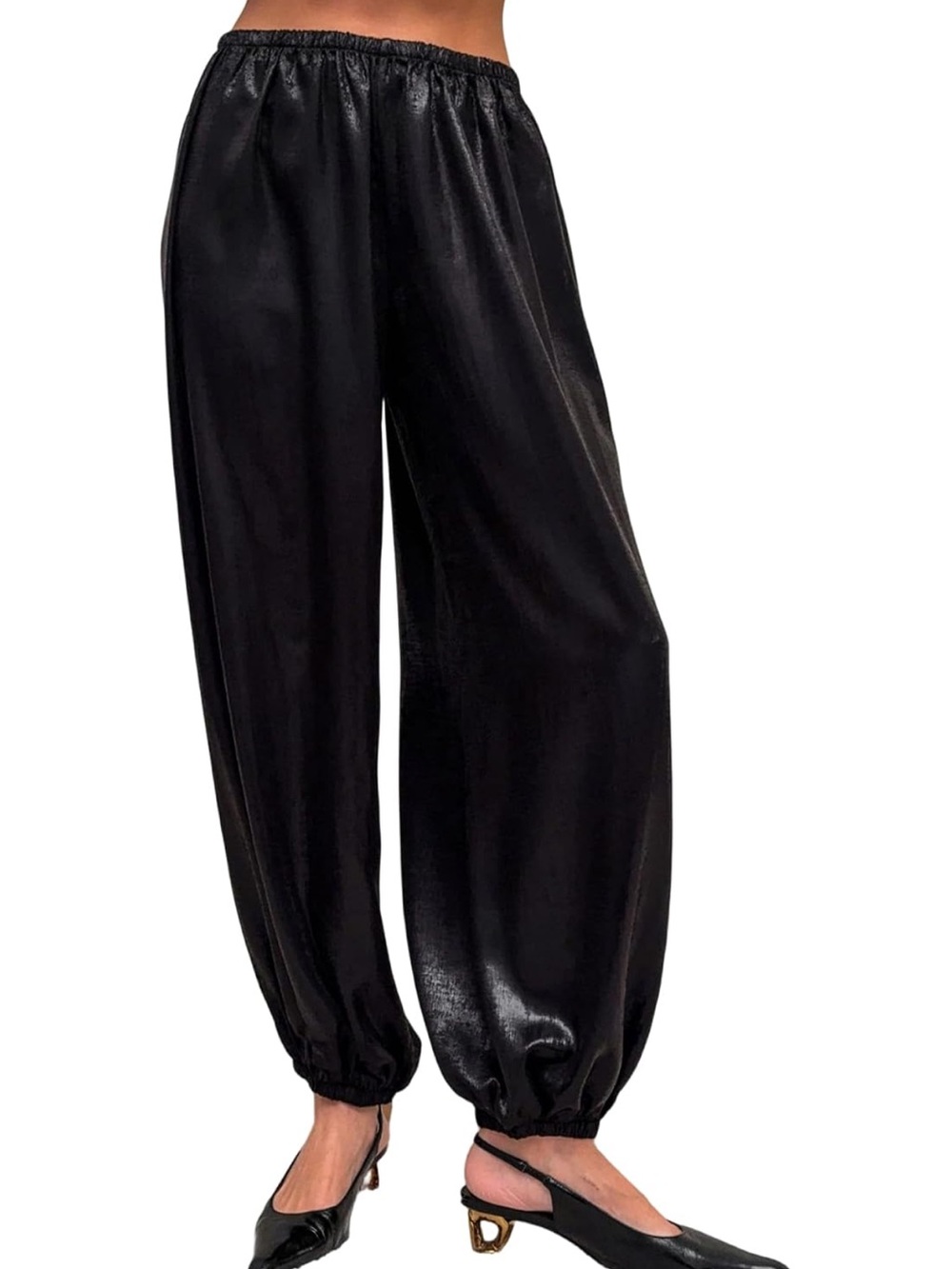 Satin Harem Pants Elastic Waist Wide Leg Silk Trousers Flowy Baggy Casual
